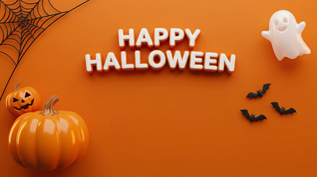 Festive halloween scene with pumpkins ghost and happy halloween lettering on orange background