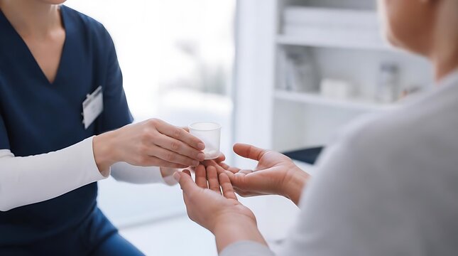 Healthcare professional handing analgesic pill and glass of water to patient in medical clinic setting
