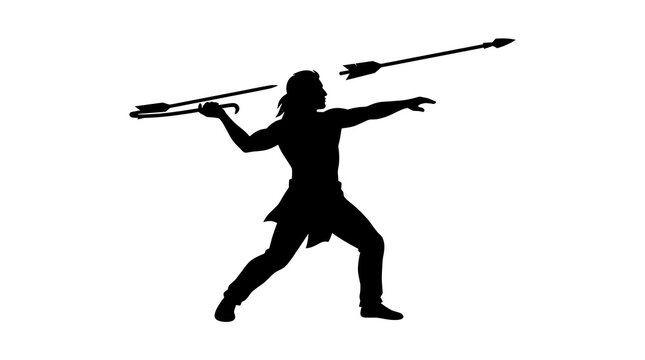 Ancient warrior silhouette throwing a long spear