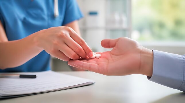 Medical professional administering medication to patient hand in a clinical setting