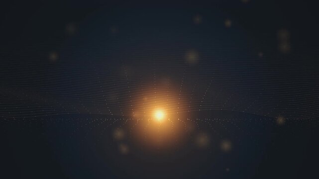Abstract Digital Network Background with Glowing Golden Particles and Wavy Data Flow Lines