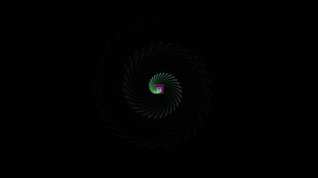 Neon Digital Spiral Particle Swirl Animation Rotating on a Deep Solid Black Background