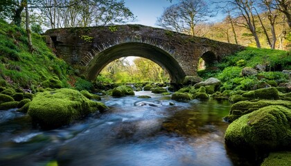 Fototapeta premium serene stream flowing over bright green mossy rocks under an old stone bridge