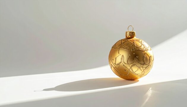 Minimal gold ornament with soft shadow on white background, refined holiday composition