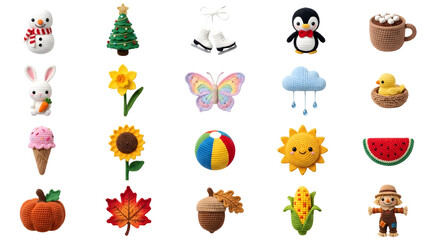 Fototapeta premium Cute seasonal objects collection representing winter, spring, summer, and autumn, isolated on white background
