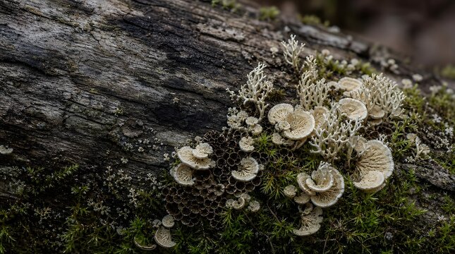 Close-up of small white fungi growing on a mossy tree