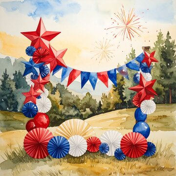 Watercolor Independence Day Frame with Red White and Blue Decorations.