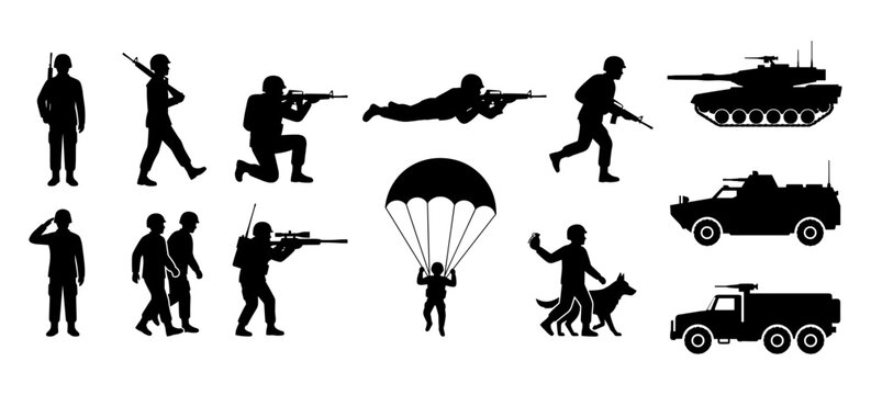 Set of military soldiers, vehicles, and equipment vector silhouettes collection