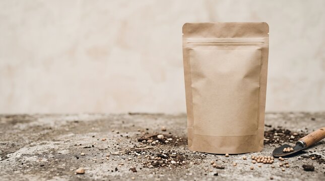 Blank brown kraft paper pouch packaging mockup with potting soil, fertilizer pellets, and a small garden trowel on a concrete surface.