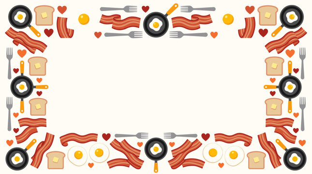 Breakfast themed border frame with bacon eggs toast and frying pans on white background.