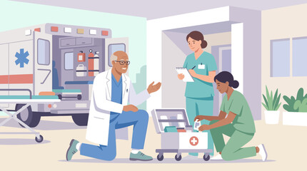 Fototapeta premium Medical Team With Ambulance and First Aid Kit