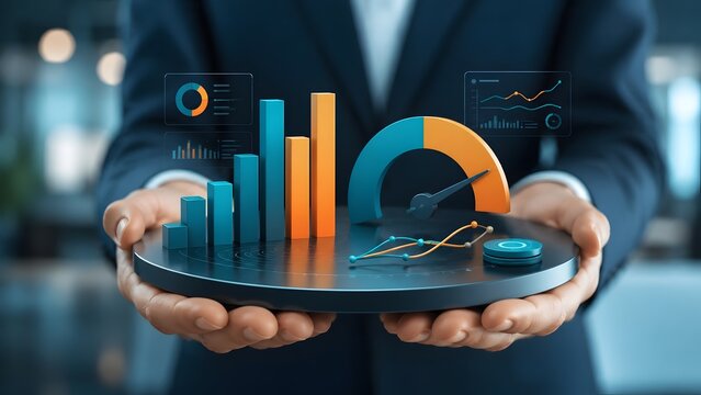Businessman holding a futuristic circular platform with 3D financial charts and digital dashboards symbolizing corporate data analytics and growth strategy
