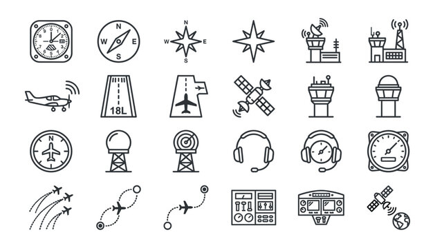 Aviation navigation and air traffic control line icon set featuring airport radar tracking systems cockpit instruments flight communication