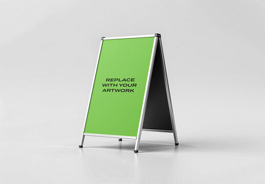 Template, A-frame sign mockup with display panel and black reverse side standing on a light gray studio floor realistic advertising for branding graphic design presentation