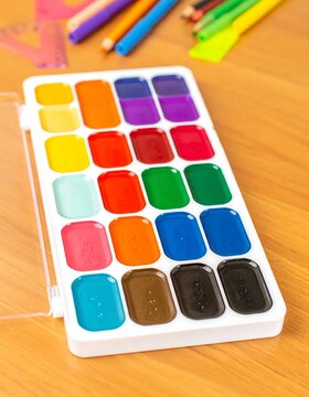 Watercolor paint palette with colored pencils.