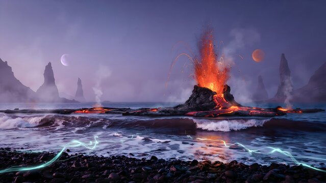 Majestic Volcanic Eruption with Moons and Ethereal Landscape at Dusk