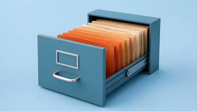 Open blue filing cabinet drawer filled with colorful document folders for business organization and physical data storage