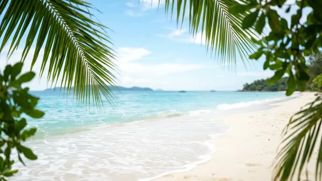 Calm waves roll onto a sandy beach with palm trees framing the view. The sun shines in a clear blue sky, making it a perfect day by the sea