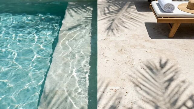 Water in the pool reflects light while shadows from palm leaves fall on the stone tiles. A lounge chair with a towel sits nearby. The setting is bright and sunny