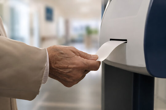 Senior Woman Taking a Queue Ticket at Hospital Check-In