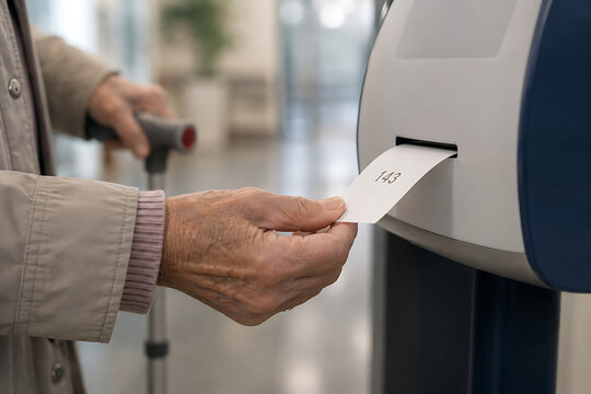 Senior Woman Taking a Queue Ticket at Hospital Check-In