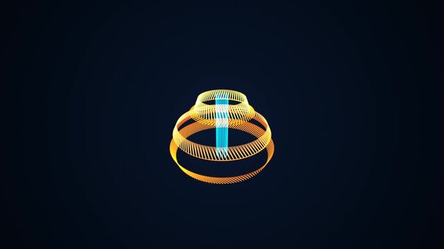 Rotating Golden Sphere Made of Glowing Particle Lines against Dark Blue Background Motion