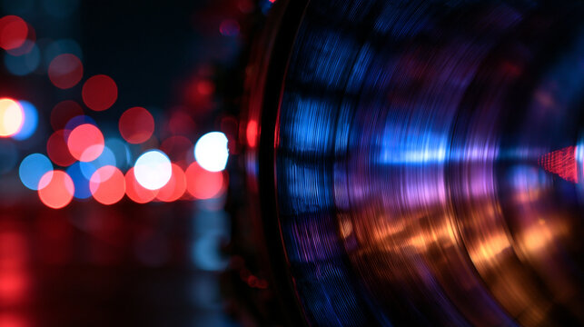 Abstract Futuristic Metallic Surface with Colorful Night Bokeh Lights