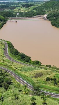 Euclides Da Cunha Reservoir In Sao Jose Do Rio Pardo Sao Paulo Brazil. Drone Capturing The Hydroelectric Producing Clean Energy. Countryside Farm. Nature Backgrounds. Sao Jose do Rio Pardo Sao Paulo.