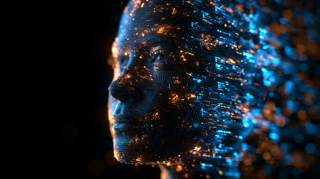Artificial Intelligence Digital Human Face with Glowing Data Particles
