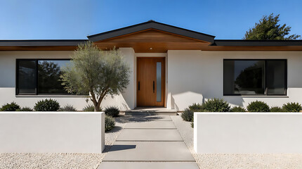 Fototapeta premium Modern minimalist single-story house exterior with clean lines and landscaped front yard under a clear blue sky
