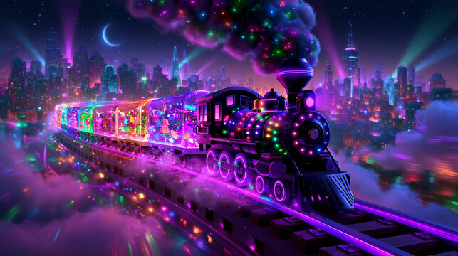 Glowing Neon Steam Train Traveling Above Night City Skyline