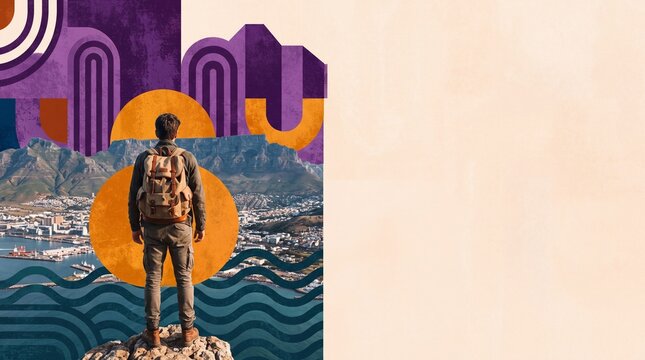 Collage of Hiker Looking at Mountain Landscape with Copy Space