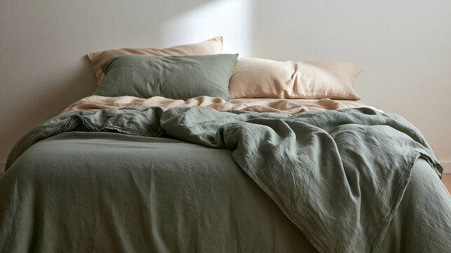 Comfortable Bed Made with Sage Green Linen Bedding