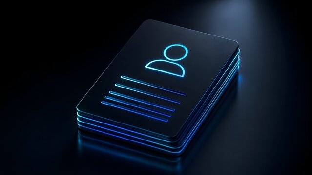 Dark futuristic digital profile card with glowing blue neon user icon representing electronic identity management and virtual personal data records