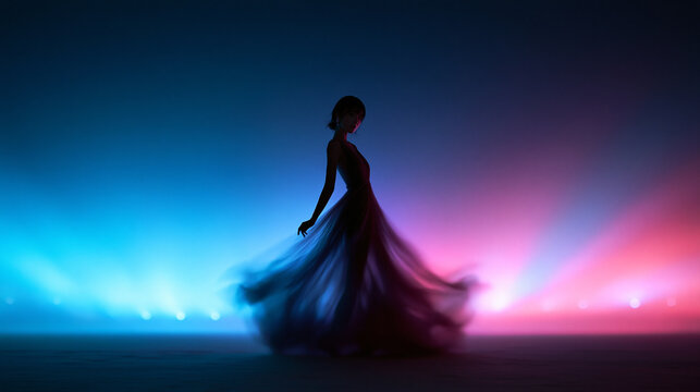 Woman Dancing in Flowing Dress with Dramatic Stage Lighting