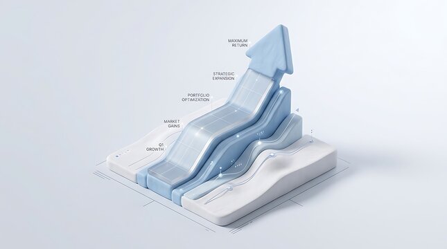 Abstract 3D bar chart with upward trend on white background.