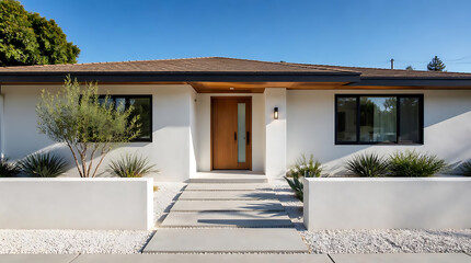 Fototapeta premium modern single-story house with minimalist design featuring a wooden front door surrounded by desert landscaping and clean white