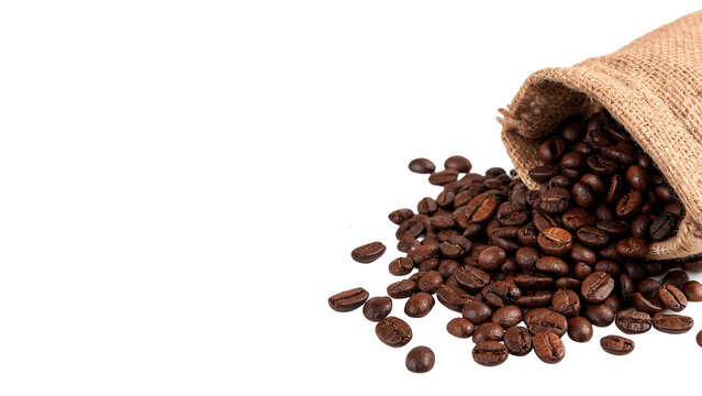 Spilled roasted brown aromatic coffee beans from sack isolated on transparent background