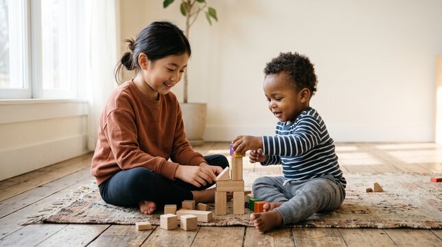 Diverse siblings happily building with wooden blocks on a rug indoors