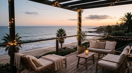 Fototapeta premium Cozy beachside terrace with string lights and ocean sunset views