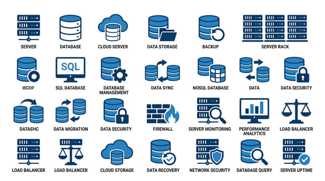 Server and Database Vector Icons Set &mdash; Cloud Storage, Data Security, Backup, SQL, Network, Monitoring, Firewall, Analytics, Migration, Recovery