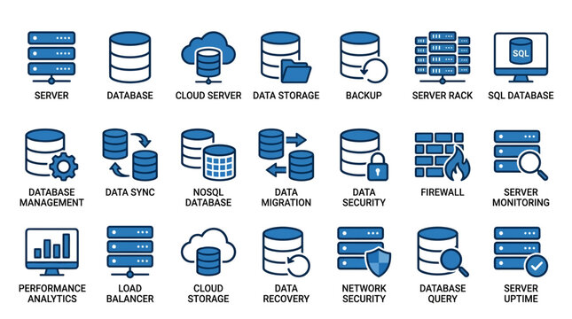 Server and Database Vector Icons Set &mdash; Cloud Storage, Data Security, Backup, SQL, Network, Monitoring, Firewall, Analytics, Migration, Recovery