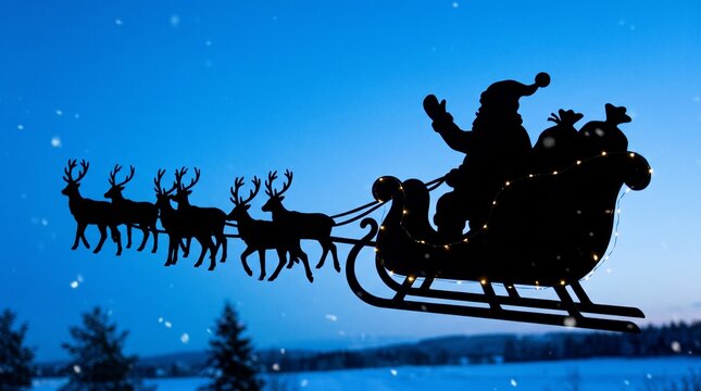 Silhouette of Santa Claus in a sleigh pulled by reindeer against a twilight sky