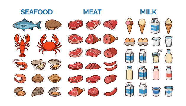 Colorful vector icon set featuring various seafood meat and milk products including fish steaks and dairy