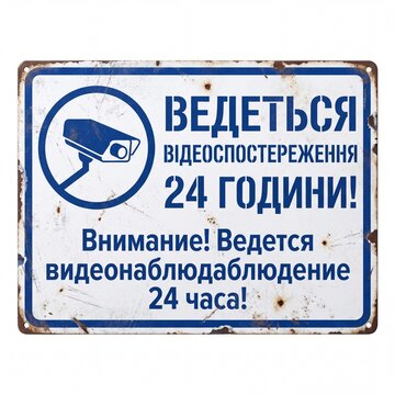 Distressed metal sign with a security camera icon and Cyrillic text warning of 24-hour video surveillance (Russian, Ukrainian). Isolated on white, showing rust and wear.