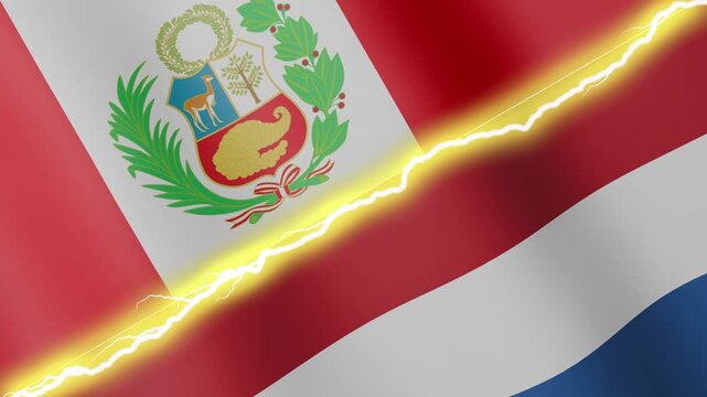 Two waving flags Peru and Netherlands with diagonal lightning seamless, 4k loop