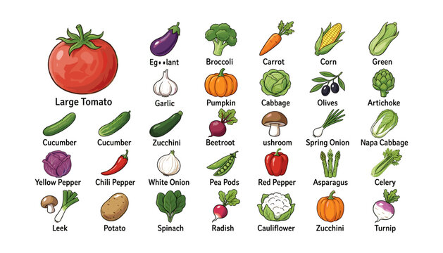 Colorful vector vegetable collection featuring a large tomato and various organic farm-fresh produce icons with labels