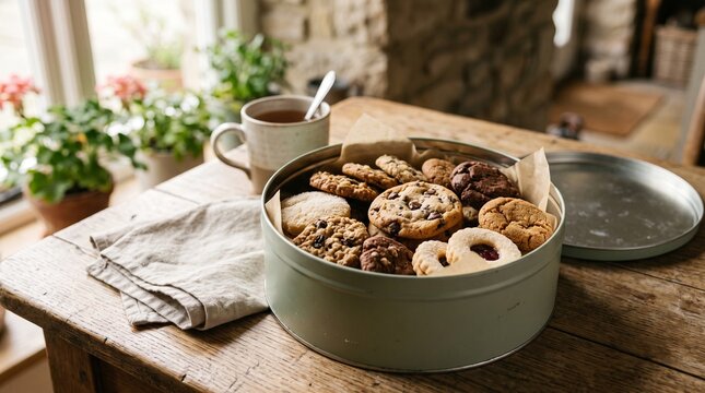 Assortment of homemade cookies in a tin with a cup of tea on a wooden table