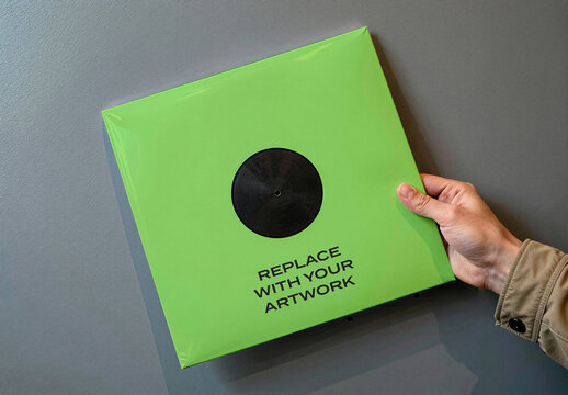 Vinyl record album cover mockup held by a hand against textured gray wall, realistic product presentation with placeholder text for artwork, template music packaging design
