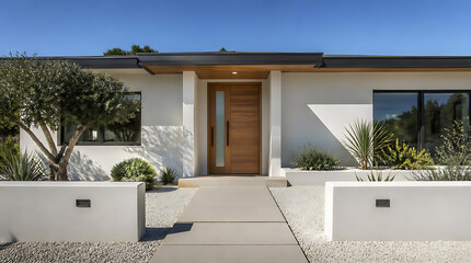 Fototapeta premium Modern minimalist single-story house with sleek design and natural landscaping showcasing contemporary architectural style